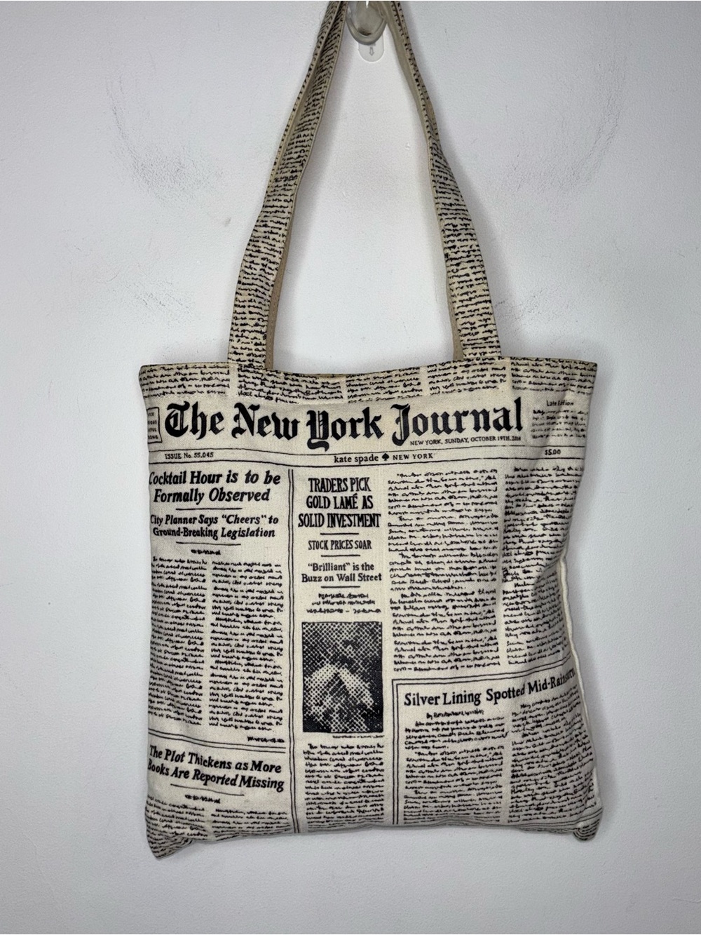 Kate Spade New York Canvas Tote Shopper New York Journal Newspaper Print 13x13